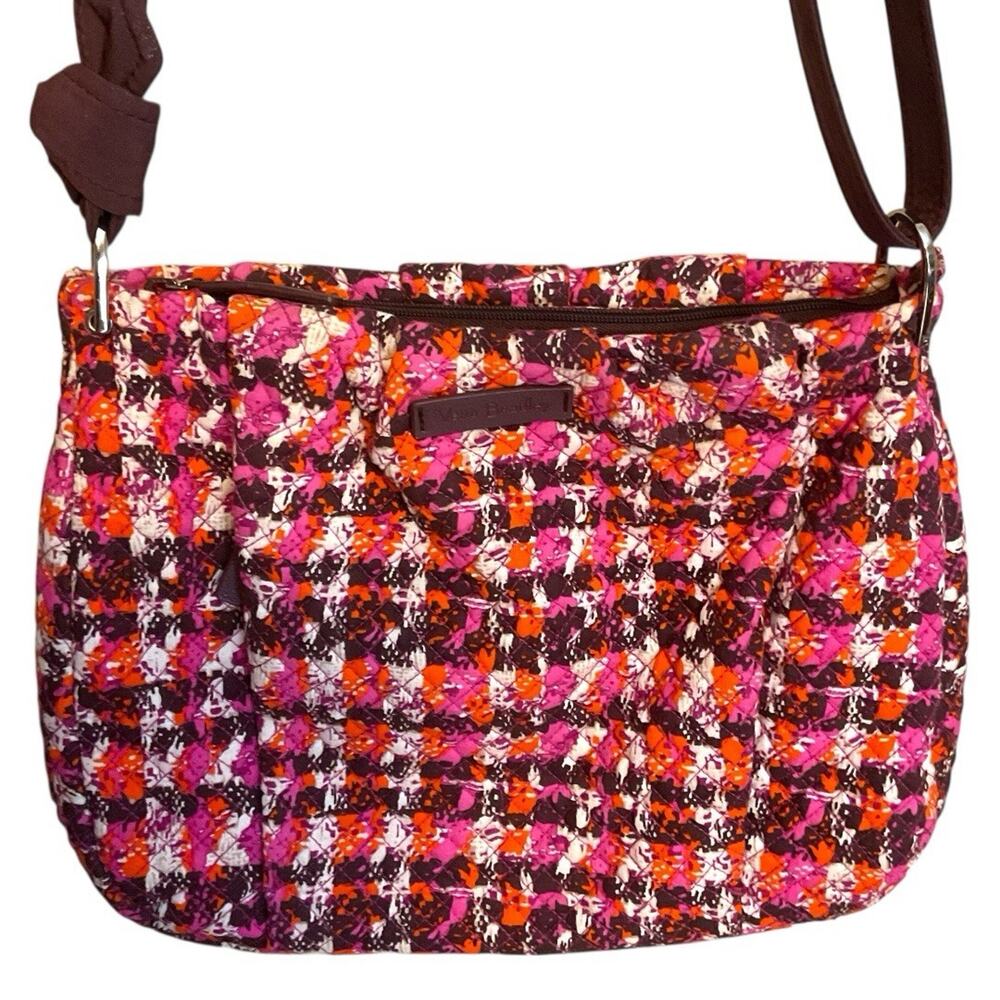 VERA BRADLEY Hadley Crossbody Purse Houndstooth Tweed Pink Zip Pocket Front-EUC‎